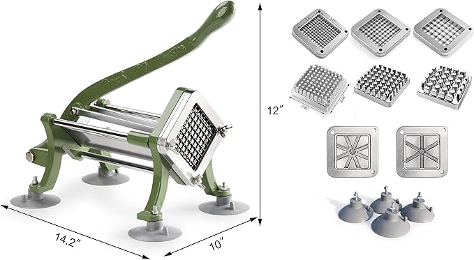 New Star Foodservice Commercial Grade French Fry Cutter with Complete Combo Sets, Die Cast Iron and 18/8 Stainless Steel, 1/4-Inch, 3/8-Inch, 1/2-Inch, 6-Wedge, and 8-Wedge Replacement Blades