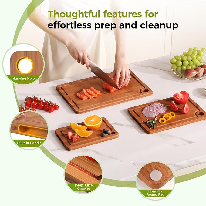 Bamboo Cutting Board for Kitchen, 3-Piece Set with Juice Grooves, Side Handles & Non-Slip Mats – Durable Bamboo Chopping Board for Meat, Vegetables and Fruits