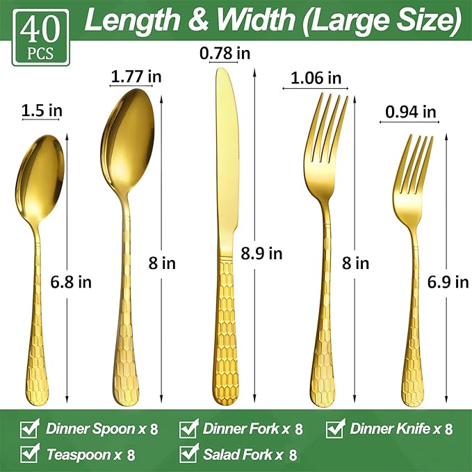 40 Pcs Gold Silverware Set for 8, Food Grade Stainless Steel Flatware Set, Eating Utensils Sets Include Fork/Knife/Spoon, Reusable Cutlery Set for Home Kitchen, Dishwasher Safe, Round Hammered