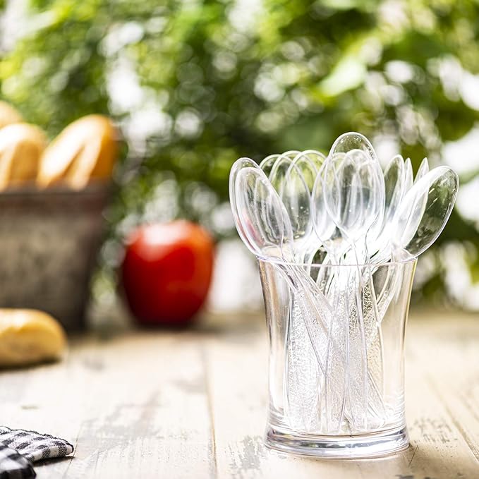 GUSTO [300 Pack] Heavyweight Clear Plastic Tea Spoons with Engraved Design - Disposable Sturdy Plastic Utensils for Parties, Weddings, and Events (Formerly Comfy Package)