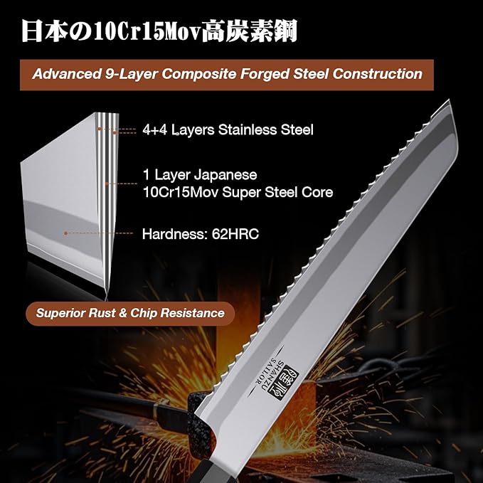 SHAN ZU 8 Inch Japanese Bread Knife, 9 Layers 10Cr15MoV High Carbon Steel