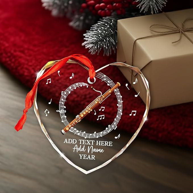 Personalized Text Name & Year Bassoon Christmas Ornament, Bassoon Musical Instrument Glass Ornament for Xmas Tree, Customized Music Lover Christmas Hanging Ornaments 2026, Gift for Bassoonist