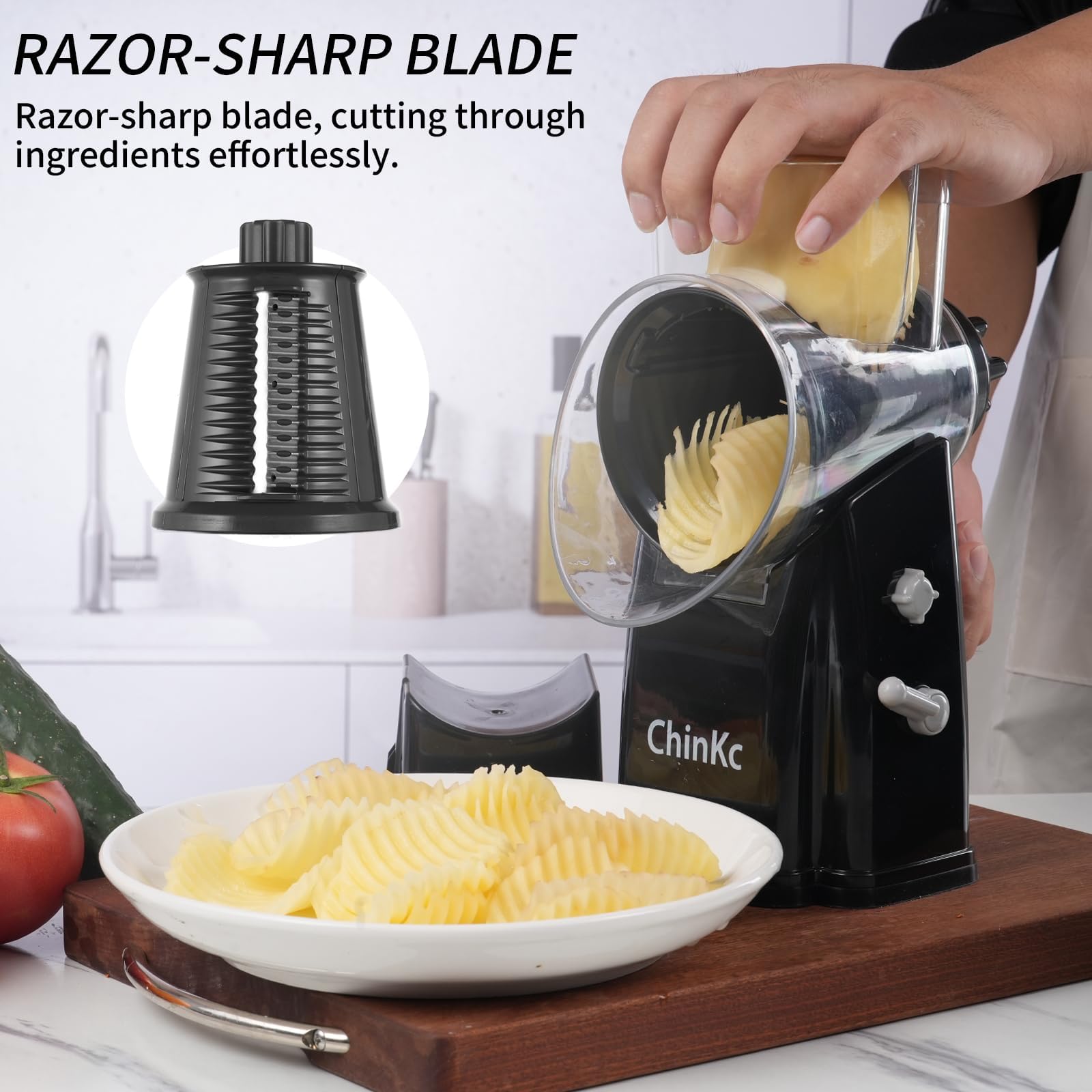 ChinKc Upgrade Rotary Cheese Grater Shredder with Handle, Strong Suction Base, Multi-purpose Rotary Grater Slicer with 5 Interchangeable Blades for Ice, Vegetables, Fruit, Nuts with Blade Storage Box
