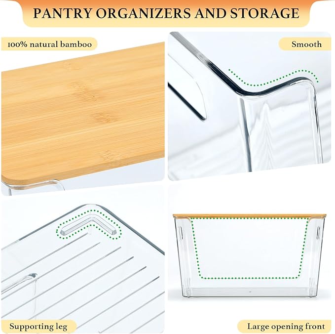 CiWiVOKi 6 Pack Clear Stackable Storage Bins with Bamboo Lids, Trash Bag Holder Dispenser Under Sink Organizer for 4-13 Gal Bags, Plastic Storage Containers for Pantry Bathroom Kitchen Organization