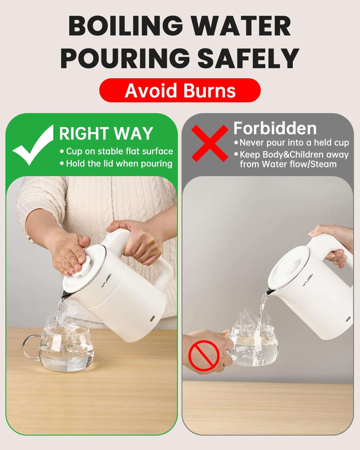 WTJMOV 0.6L Small Electric Tea Kettle Lightweight, 20 Ounce Double Wall Hot Water Boiler Stainless Steel Auto Shut-off, 120V Portable Travel Electric Kettle Fast Boil for Tea and Coffee,White