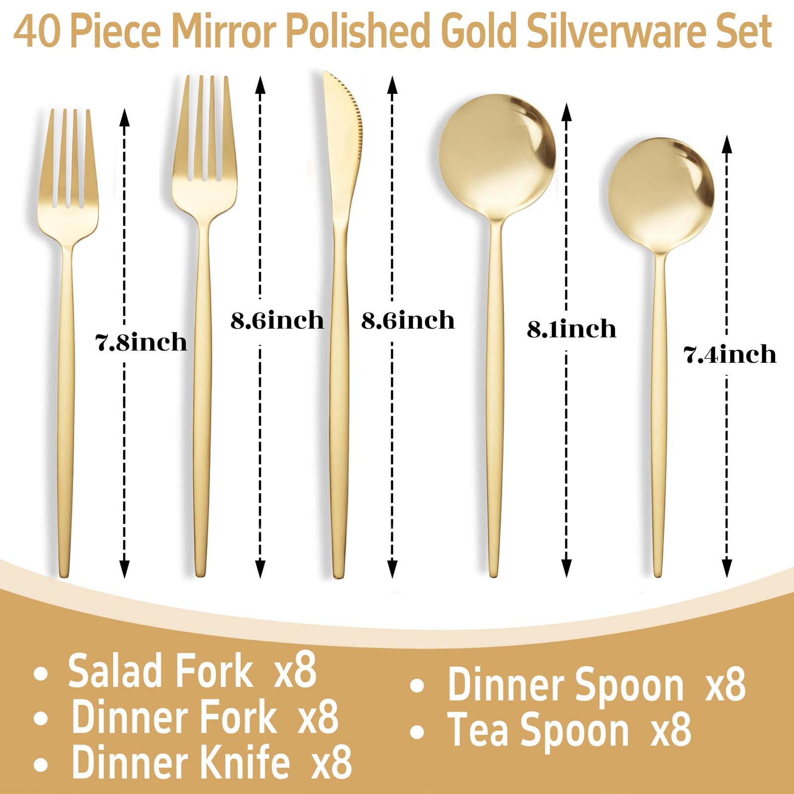 NOCCUR 40-Piece Gold Silverware Set for 8 - Stainless Steel Gold Flatware Set Include Knives, Spoons and Forks for Home/Party/Thanksgiving
