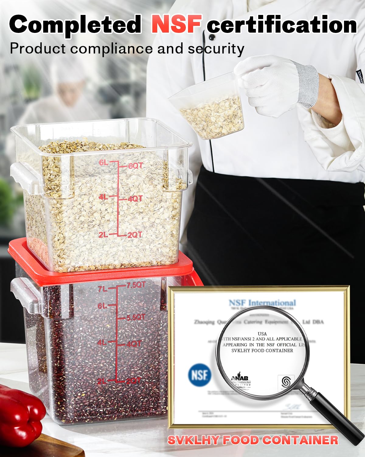 SVKLHY 4QT 6PCS NSF Commercial Clear Food Storage Containers with Lids(RED)