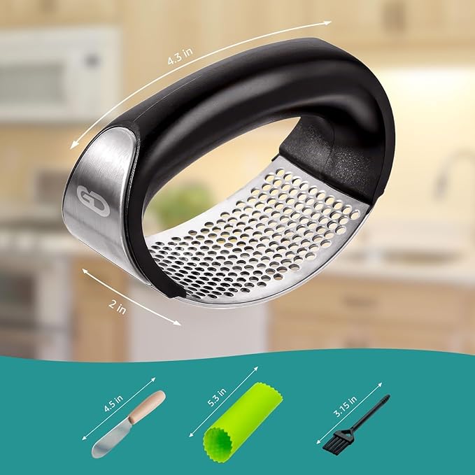 Garlic Press Rocker – Stainless Steel Garlic Mincer, Crusher & Chopper Tool with Peeler, Spatula & Brush – Easy-Press Garlic Press for Mincing Cloves, Ginger & Nuts, Comfortable Ergonomic Handle