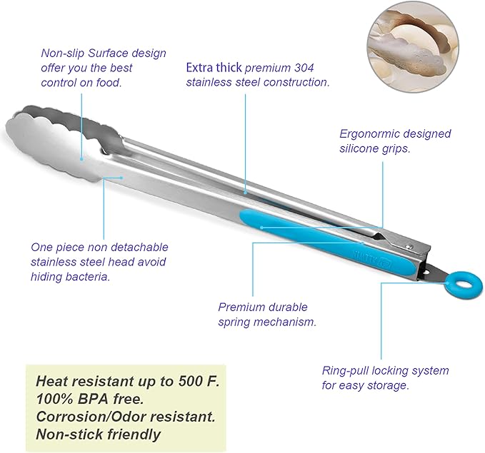 Premium 304 Stainless Steel Tongs Set – 12" Grill Tongs & 9" Cooking Tongs, Heat Resistant up to 600°F, Wavy Grip Head, Non‑Slip Handle with Locking Clip & Hanging Loop, Dishwasher Safe, Blue