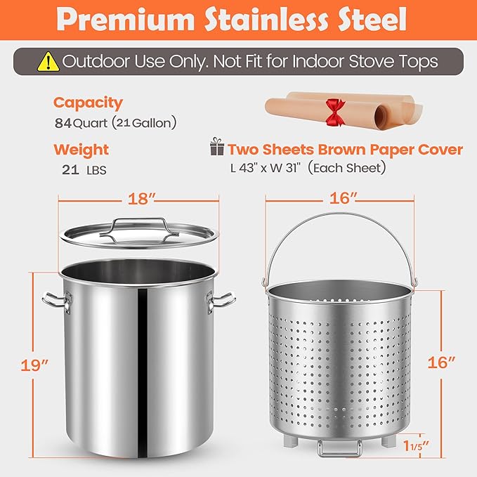 ARC 84QT Stainless Steel Seafood Boil Pot with Basket and Two Brown Paper