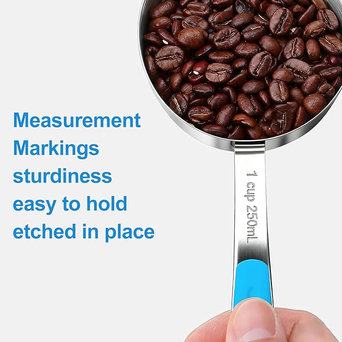 Bopei Measuring Cups and Spoons Set Stainless Steel 10 Piece for Cooking and Baking (5 Cups + 5 Spoons, Light Blue Handle)