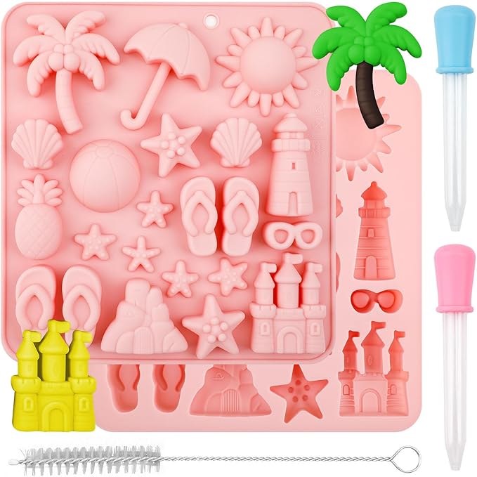 2 Pcs Summer Beach Theme Silicone Molds with 2 Droppers and 1 Brush, Silicone Pineapple Castle Sun Starfish Shell Chocolate Candy Mold for Summer Party Marine Baking Mold