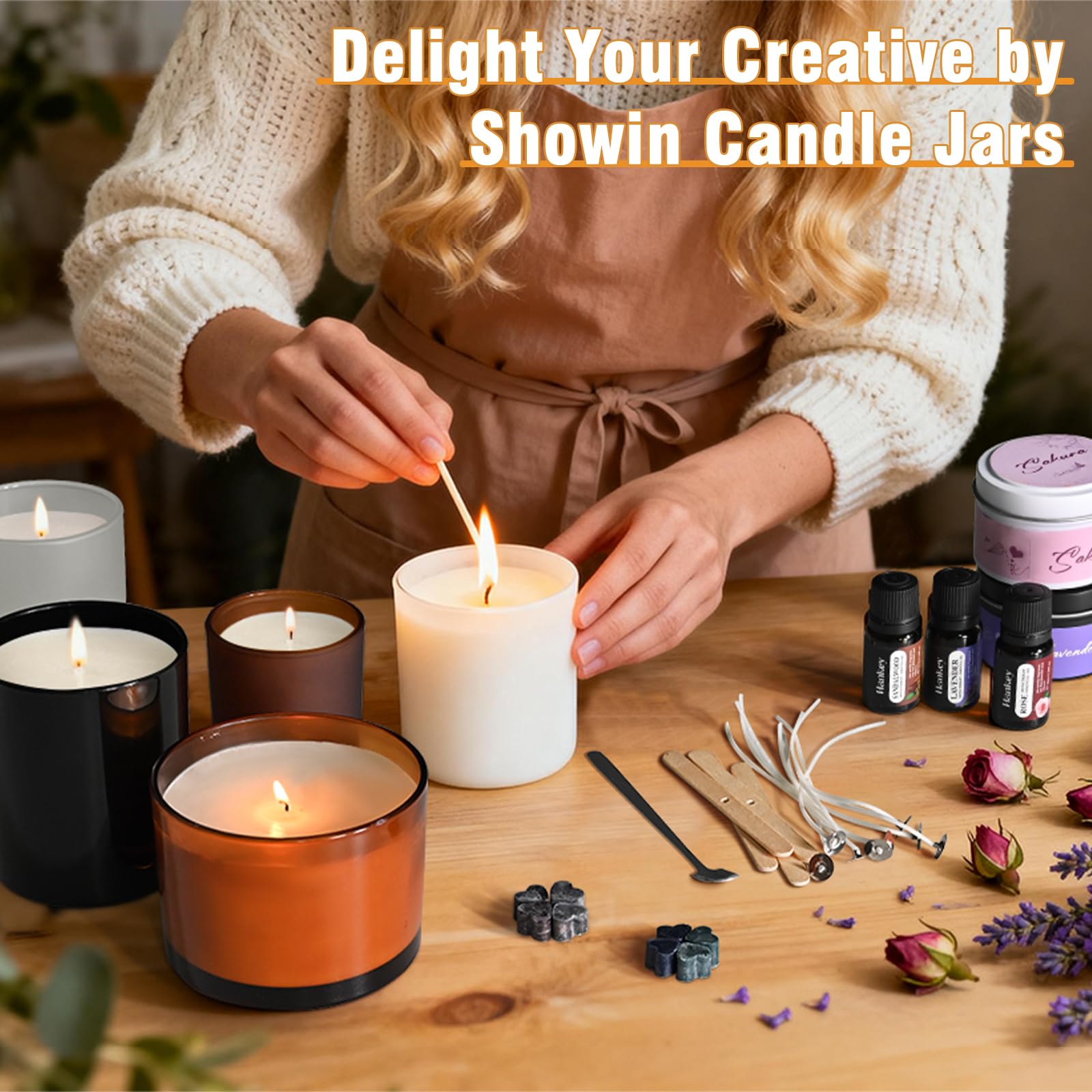 SHOWIN Thick Candle Jars for Making Candles 12 Pcs, 14 OZ Empty Jars with Wood Lids for Candle Making, Sample Container, Inner Black
