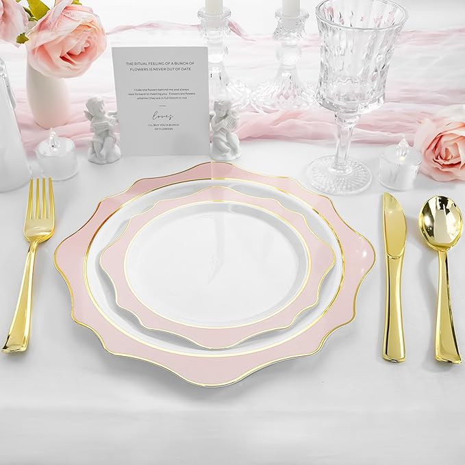 realluck 100Pcs White & Pink Plastic Plates for 50 Guests