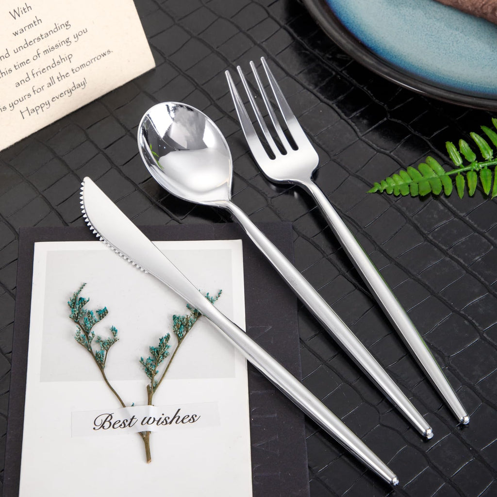 SUT 600PCS Heavy Duty Disposable Silverware - Includes 200 Knives, Forks and Spoons - Silver Plastic Utensils Set for Party/Wedding
