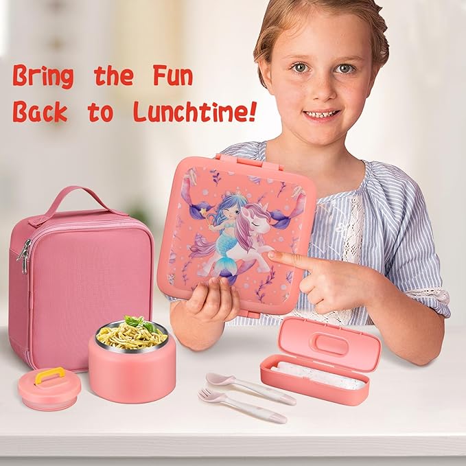 JXXM Bento Lunch Box for Kids With 8oz Soup Thermo,Leak-proof Lunch Containers with 5 Compartment,Thermo Food Jar and Lunch Bag, Food Containers for School (A-Pink（Unicorn - Mermaid）)
