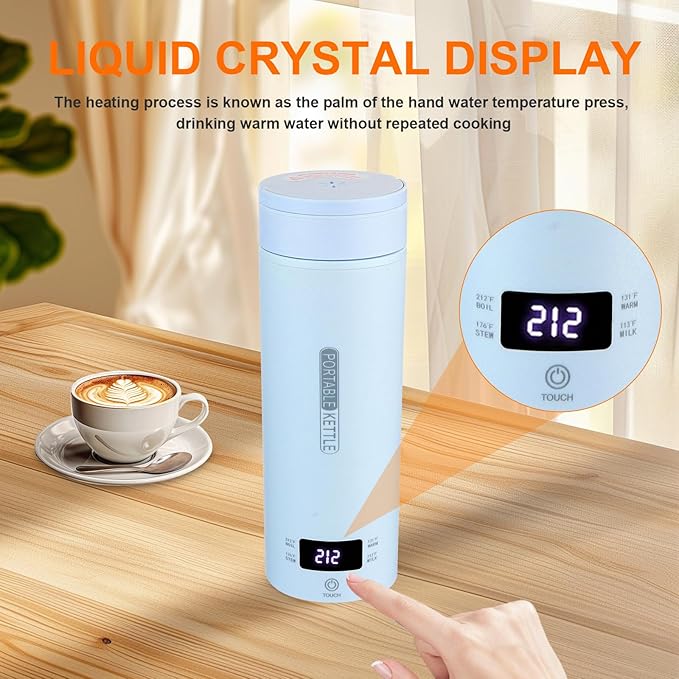Rzlinn Travel Kettle,Portable Electric Kettle with Temperature Control, Brews Two Cups of Coffee, 316 Stainless Steel Inner Tank, Elegant Blue