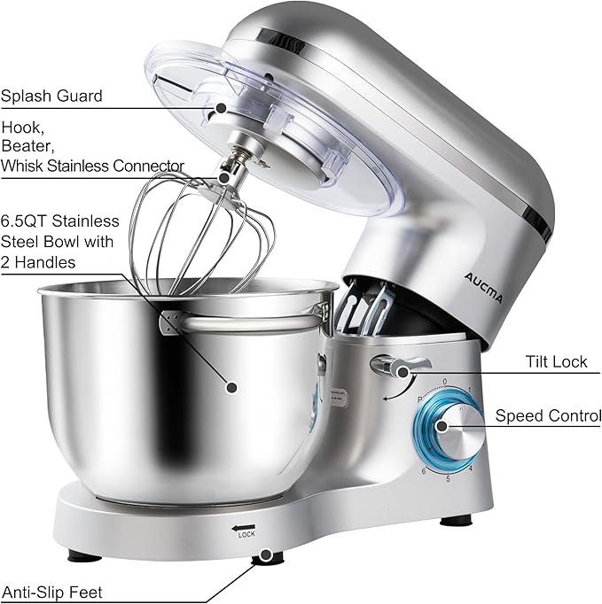 Aucma Stand Mixer,6.5-QT 660W 6-Speed Tilt-Head Food Mixer, Kitchen Electric Mixer with Dough Hook, Wire Whip & Beater (Silver, 6.5QT)