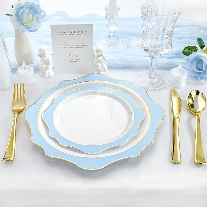 realluck 100Pcs White & Blue Plastic Plates for 50 Guests