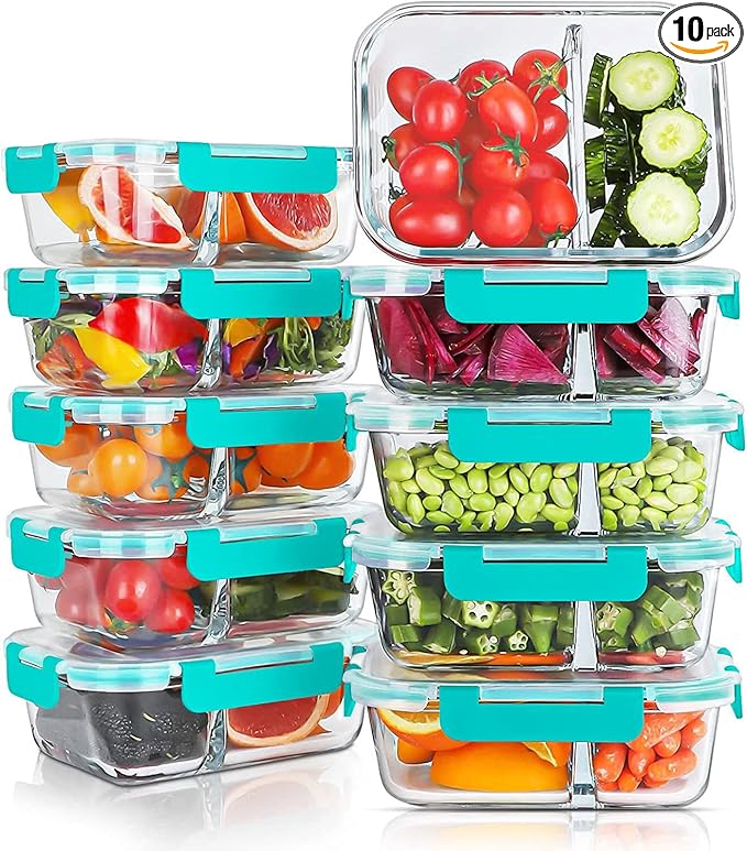 KOMUEE 10 Packs 30oz Glass Meal Prep Containers 2 Compartments, Green