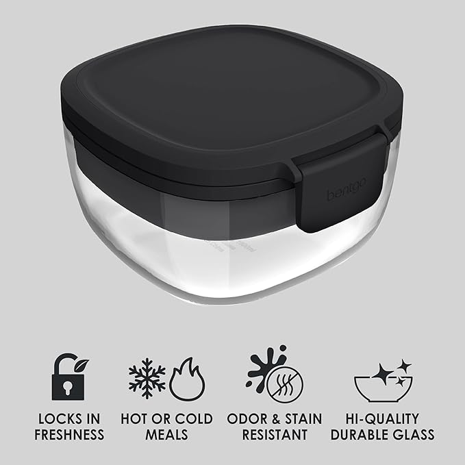 Bentgo Glass Salad Container - 7.6-Cup Salad Bowl with Airtight Lid, Leak-Proof Sauce Container, 4-Compartment Bento Tray & Reusable Fork - BPA-Free for Meal Prep, Office & More (Black Onyx)
