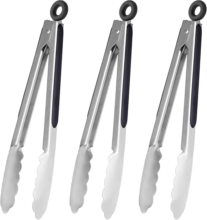 HINMAY Stainless Steel Kitchen Tongs 9-Inch Cooking Tongs, Set of 3