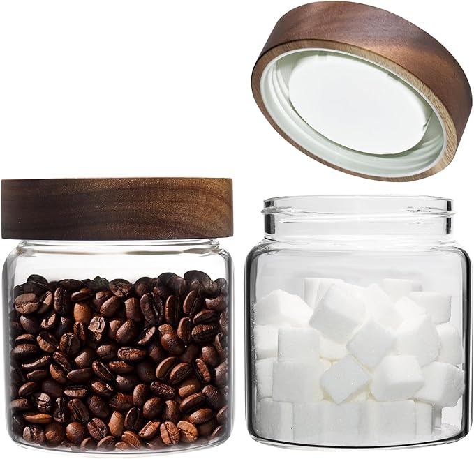 Patoper 16 oz Glass Jars with Acacia Wood Airtight Lids Spice Jar Herb Storage Canister with Wooden Lid Clear Glass Food Jar for Sugar Pantry Tea Coffee Bean Spice Cookies (500ml/16oz-2pack)