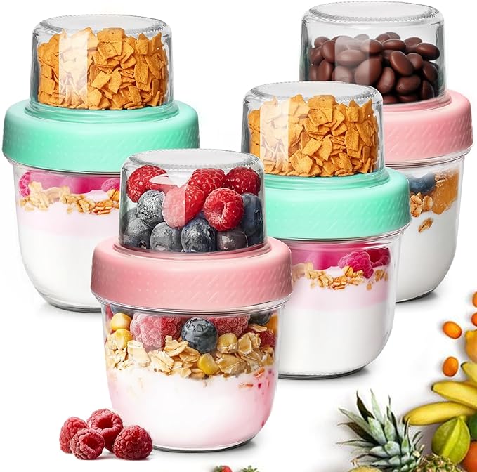 ComSaf 8+4Oz 4Pcs Overnight Oats Containers with Lids, Small Dual-Layer Jar