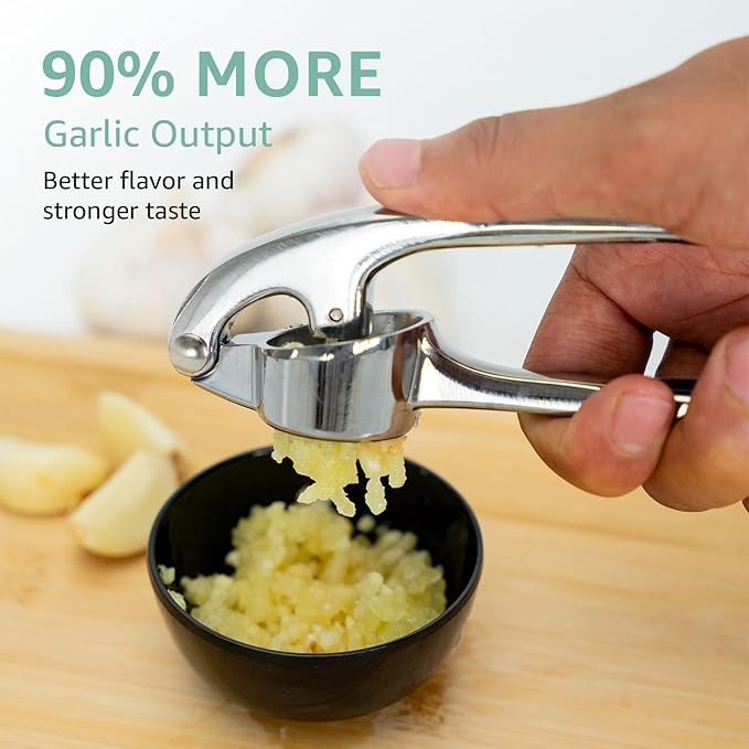 Garlic Press Crusher & Mincer – Easy Squeeze Ergonomic Handle, Heavy Duty Zinc Alloy, Dishwasher Safe, Includes Peeler & Cleaning Brush – Garlic Ginger Crusher Tool (Imperial Silver)