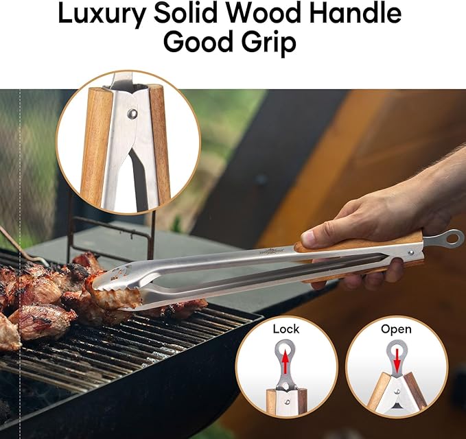 XUDAKAIXIN 18-Inch Long Stainless Steel BBQ Tongs with Extended Luxurious Acacia Handle – Durable and Easy-to-Clean Grilling Tool for Cooking, Kitchen Use, and Outdoor Barbecues