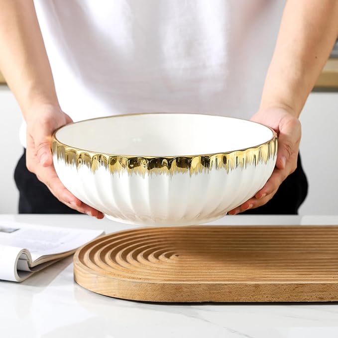 LETAOTAO Serving Bowls, 10 inch Ceramic Salad Bowl with Gold Trim, Set of 2