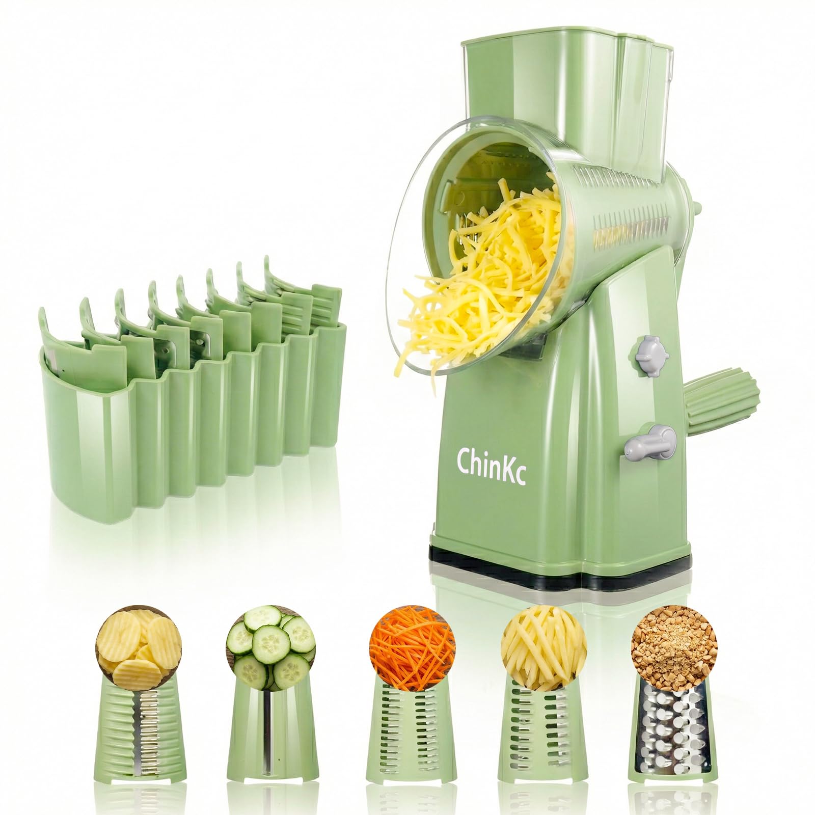 ChinKc Upgrade Rotary Cheese Grater Shredder with Handle, Strong Suction Base, Multi-purpose Rotary Grater Slicer with 5 Interchangeable Blades for Ice, Vegetables, Fruit, Nuts with Blade Storage Box