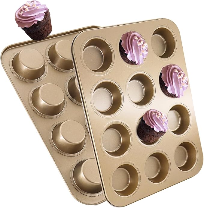 MARIWEI 2 Pack Premium Nonstick Bakeware 12-Cup, Mini Muffin Pan, Dishwasher Oven Safe(Golden, 12 Cup (2 pcs)