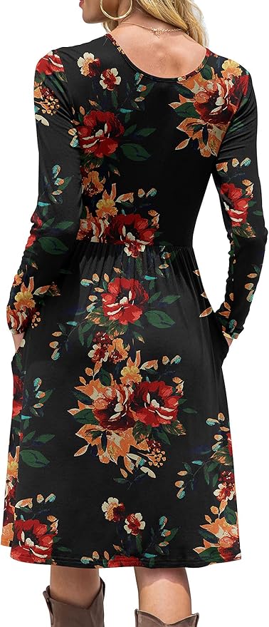 DB MOON Women Casual Long Sleeve Dresses Empire Waist Loose Dress with Pockets (Brown Floral Black, XL)
