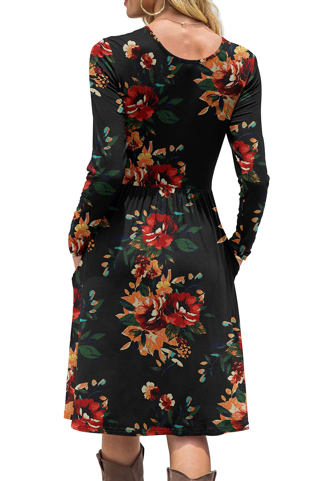 DB MOON Women Casual Long Sleeve Dresses Empire Waist Loose Dress with Pockets (Brown Floral Black, XL)
