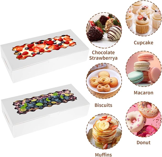 PFAMKEER 36 pcs Cookie Boxes,12x5.5x2.5 Inch Bakery Boxes with Window for Pies Chocolate Strawberries Muffins Donuts Pastry Dessert Christmas(White)