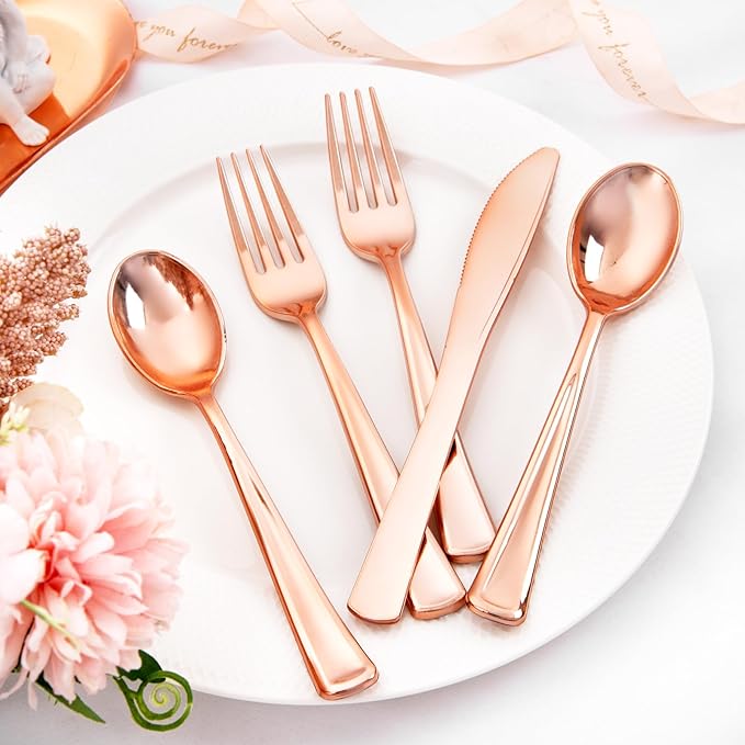 Liacere 100Pack Rose Gold Plastic Silverware - Pre Rolled Napkins with Rose Gold Cutlery - Wrapped Silverware Set Disposable100 Forks Knives Spoons Wrapped Utensils for Wedding ＆ Party