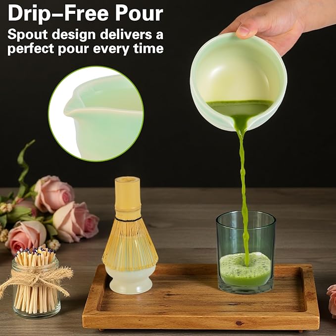 Matcha Whisk Set, Japanese Tea Set Includes Matcha Bowl with Spout, Bamboo Whisk, Ceramic Chasen Holder, Scoop, Sifter, 5 pcs Traditional Tea Making Kit for Matcha Lovers Women Men