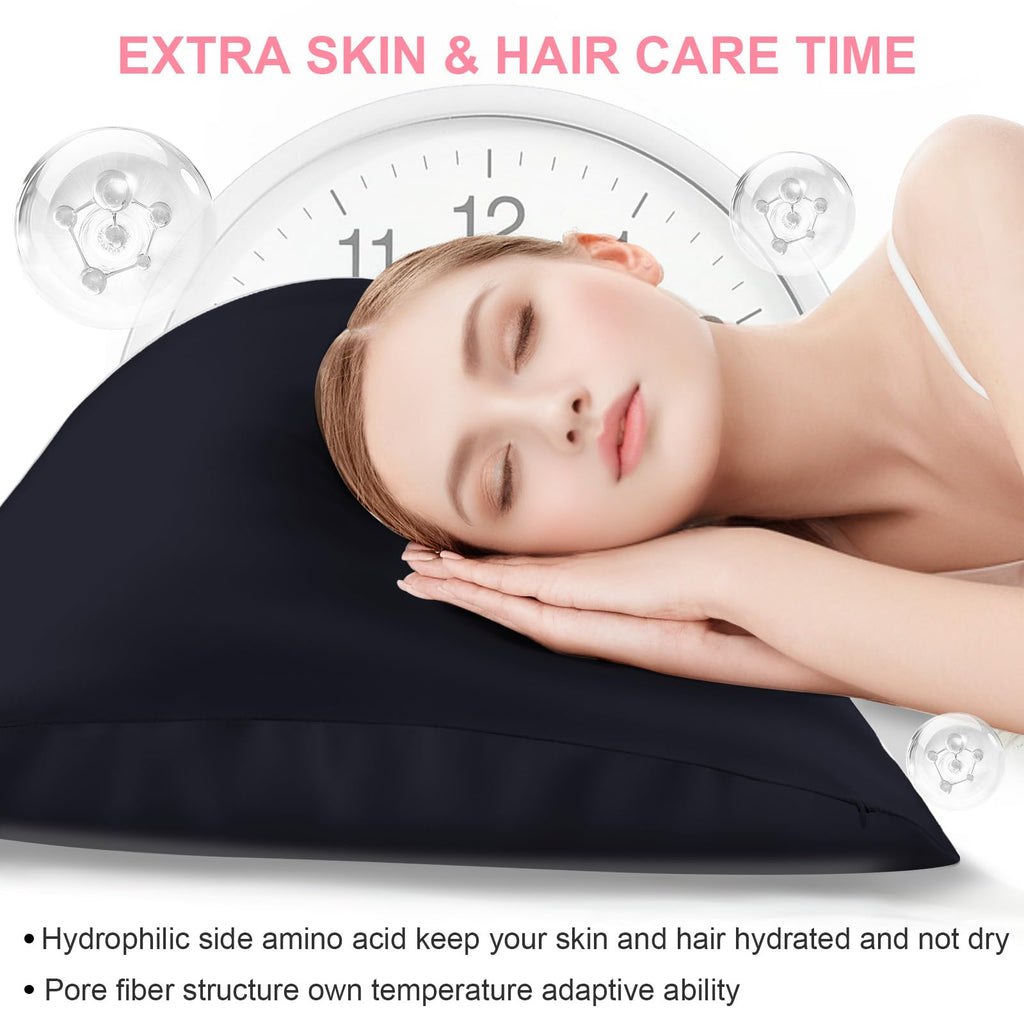 Silk Pillow Cases 2 Pack Queen Size with Hidden Zipper, Mulberry Silk Pillowcase for Hair and Skin, Smooth and Soft Breathable Cooling Silk Satin Pillowcase Set of 2, Gifts for Women，Navy Blue