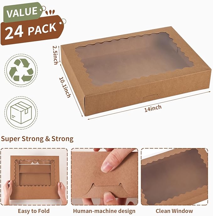 PFAMKEER 24 pcs Cookie Boxes,14x10x2.5 Inch Large Bakery Boxes with Window for Pies Chocolate Strawberries Muffins Donuts Pastry Dessert Christmas(Brown) (Brown, 14 * 10 * 2.5inch/24pcs)