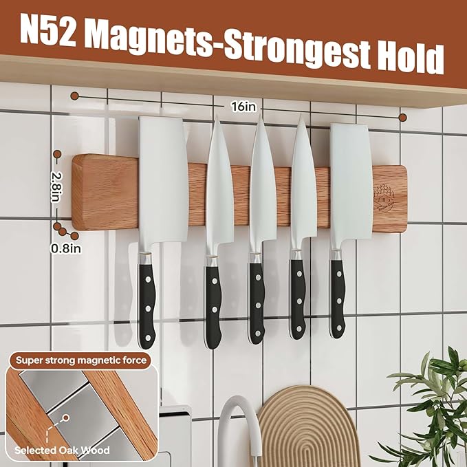 KORELION WOOD Magnetic Knife Strip, 16 Inch Oak Magnetic Knife Holder for Wall with N52 Super Strong Magnets, Premium Wooden Knife Magnetic Strip Organizer for Kitchen Knives, Tools,No Drilling