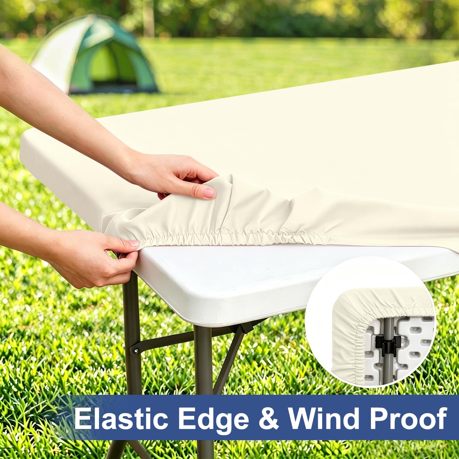 homing Rectangle Table Cloth Cover, Water-Resistant Polyester Elastic Fitted Tablecloth, Fits for 5 Foot Folding Tables, Washable Table Protector for Picnic, Camping, Outdoor (Cream Yellow, 30" x 60")