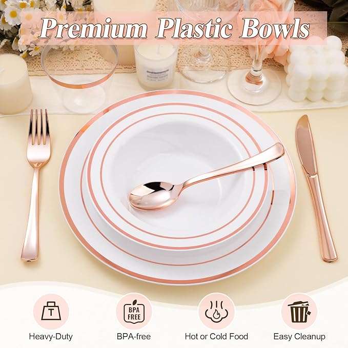 BESTSTAR 100 Pack Disposable Soup Bowls with Rose Gold Rim