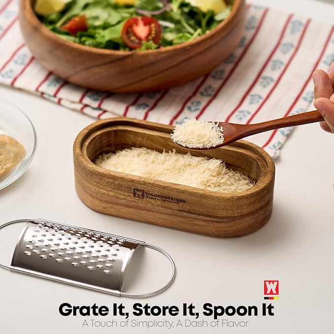 Wagensteiger Removable SUS304 Stainless Steel Cheese Grater with Wooden Container, Wooden Shredder, Citrus Zester, Perfect for Presenting Freshly Grated Cheese or Zest