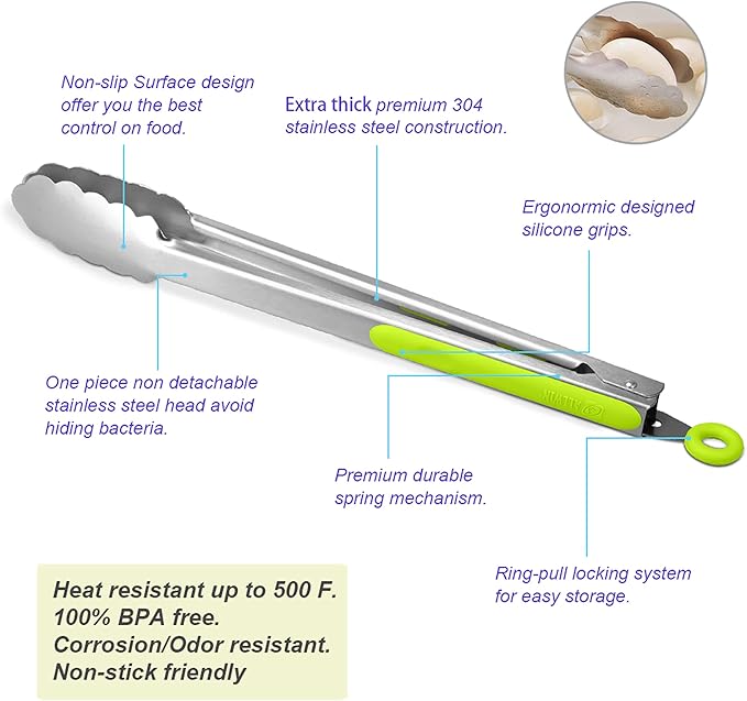 304 Stainless Steel Kitchen Cooking Tongs, 12 & 14 Inch, Set of 2, Green