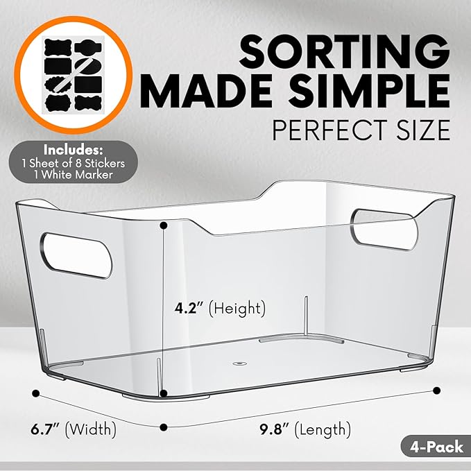 ShelfShaper Clear Plastic Storage Bins with Labels and Marker, Perfect for Kitchen Organization or Pantry Organization and Storage, Medium Fridge Organizer and Cabinet Organizers Storage Bins