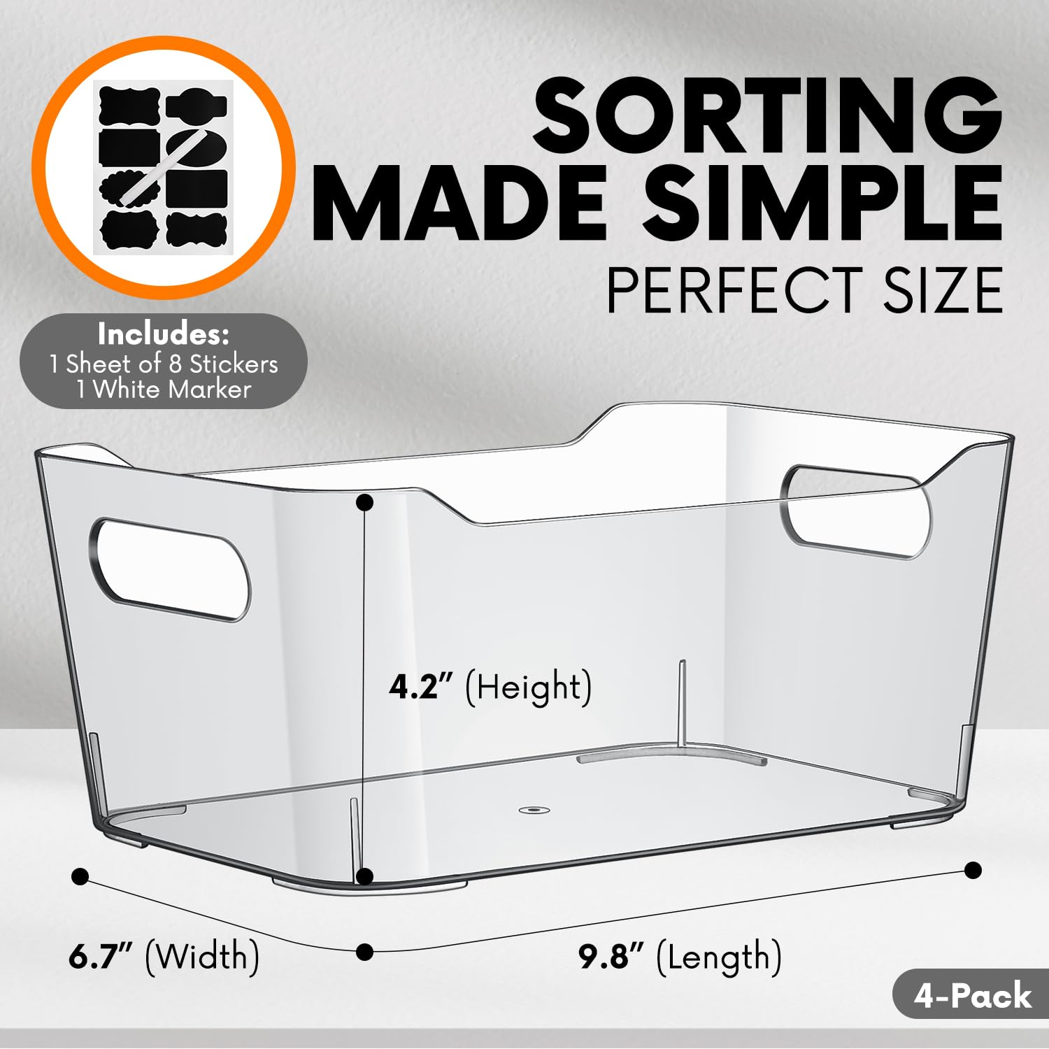 ShelfShaper Clear Plastic Storage Bins with Labels and Marker, Perfect for Kitchen Organization or Pantry Organization and Storage, Medium Fridge Organizer and Cabinet Organizers Storage Bins