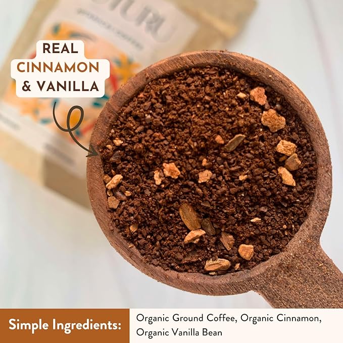 Organic Cinnamon Vanilla Ground Coffee - Real Cinnamon & Vanilla - Medium Roast, Flavored Coffee - Smooth Low-Acid - Perfect for Drip, Pour Over or Cold Brew - 8 oz, 22 Servings
