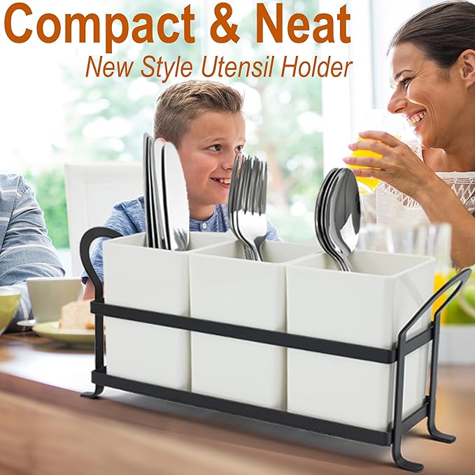 Czlizdyt Cutlery Holder with Drain Holes, Silverware Caddy for Party Countertop, 3pcs Bins Set Utensil Holders for Spoon and Fork, White