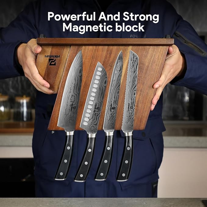 Piklohas Knife Sets for Kitchen with Block, 17 Pieces with Magnetic Knife Holder, German High Carbon Stainless Steel Damascus Pattern Chef Knife Set, Ideal for Gift